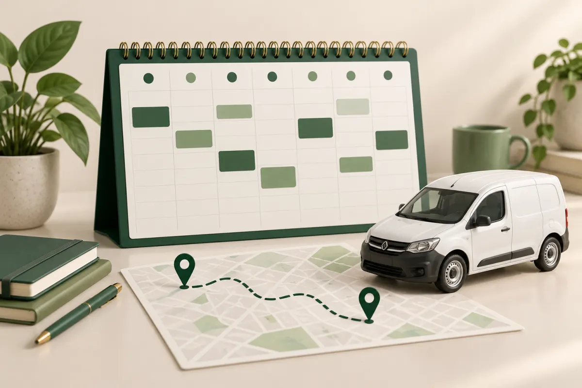 Ilustración de una agenda de visitas, un mapa de ruta y una camioneta de servicio.